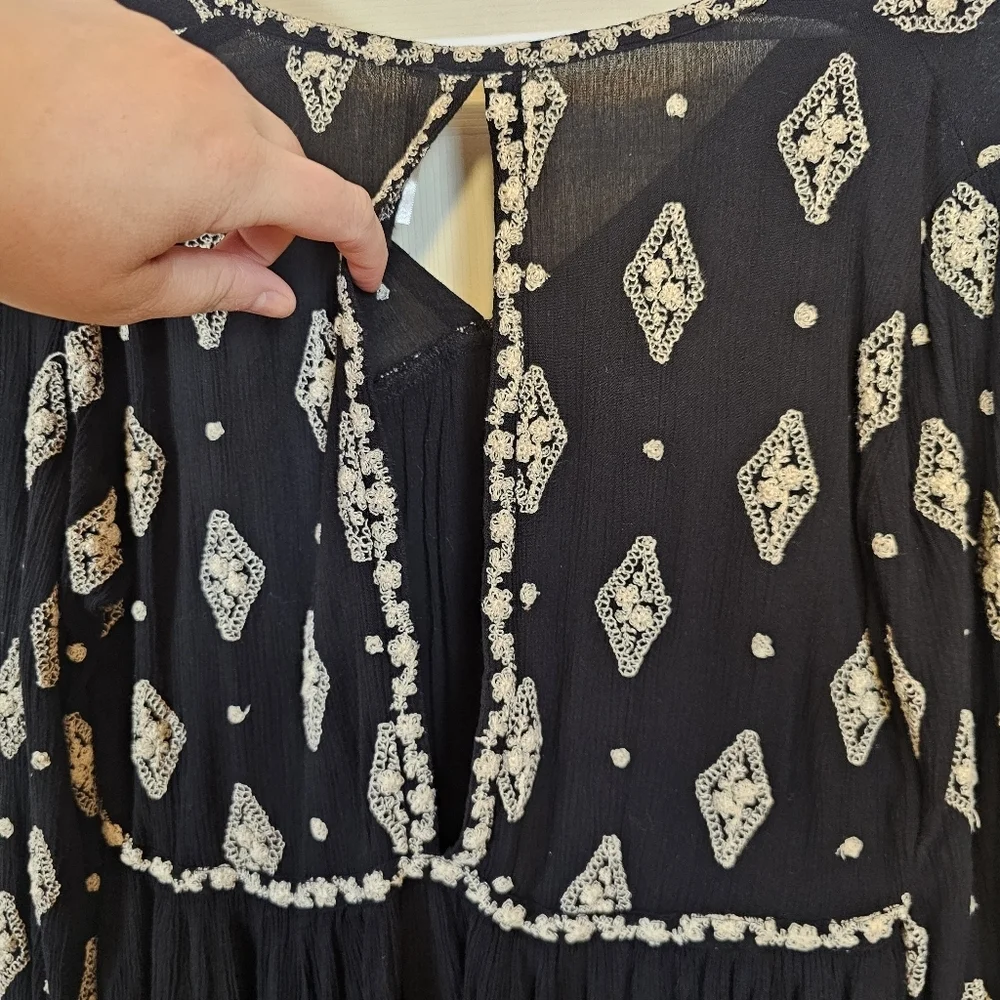 Free People Diamond Embroidered Bell Sleeve Tunic Mini Dress Swing Keyhole